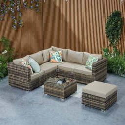 Vancouver Steel Frame 6‑Seater Corner Sofa Set with Ice Bucket Coffee Table, Brown - thumbnail 1