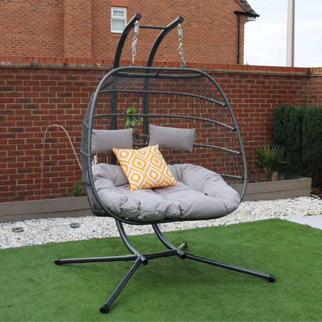 Bradway Hanging Rope Swing Double Indoor Outdoor Egg Chair with Grey Cushions, Without Rain Cover