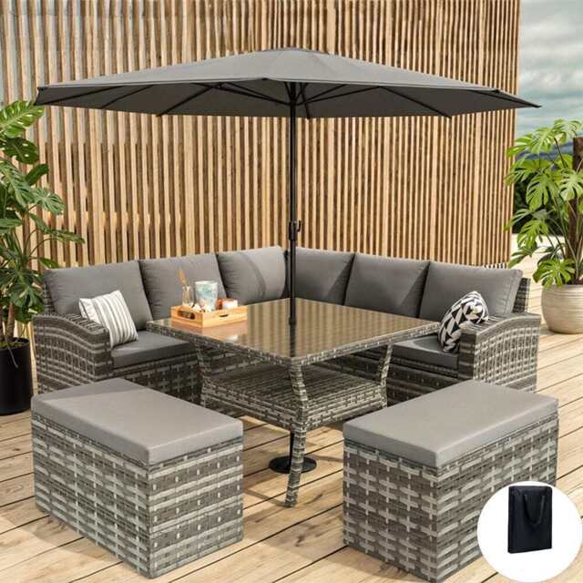 Rosen 9 Seater Rattan Garden Furniture Cube Dining Set With Parasol Option In Grey, With Parasol / With Rain Cover