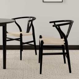 Set Of 2 Boho Beech Wood Dining Chairs, Black - thumbnail 2