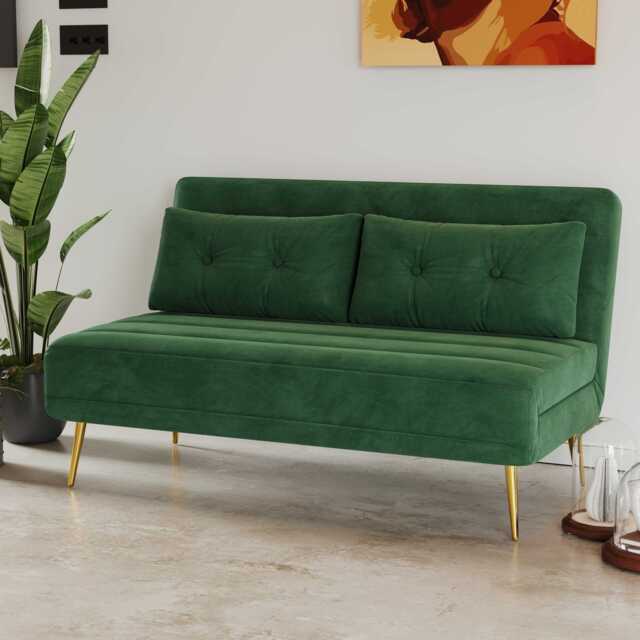 Jola Velvet Foldable 2 Seater Sofa Bed with Pillows, Green - image 1
