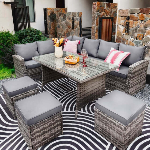 Rosen 9 Seater Rattan Garden Furniture Corner Sofa Dining Set In Grey, With Rain Cover