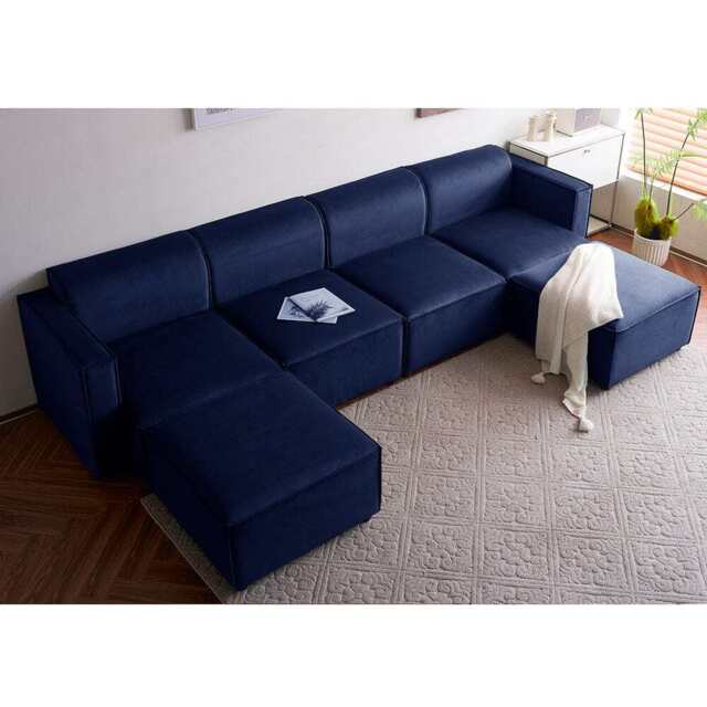 Tessa Modular 4 Seater Sofa with 2 Ottomans, Velvet Dark Blue - image 1