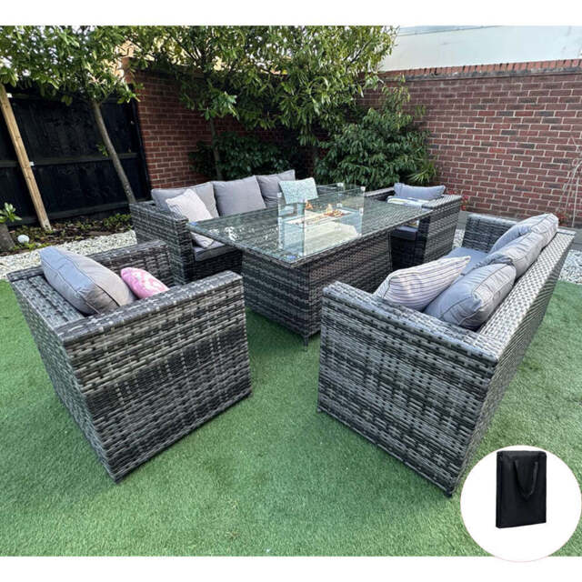 Vancouver 8 Seater Rattan Garden Furniture Sofa Fire Pit, With Rain Cover - image 1