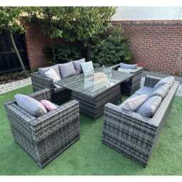 Vancouver 8 Seater Rattan Garden Furniture Sofa Fire Pit, With Rain Cover - thumbnail 3