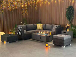 Vancouver Steel Frame 6 Seater Corner Sofa Set with Ice Bucket and Fire Pit Coffee Table, Grey