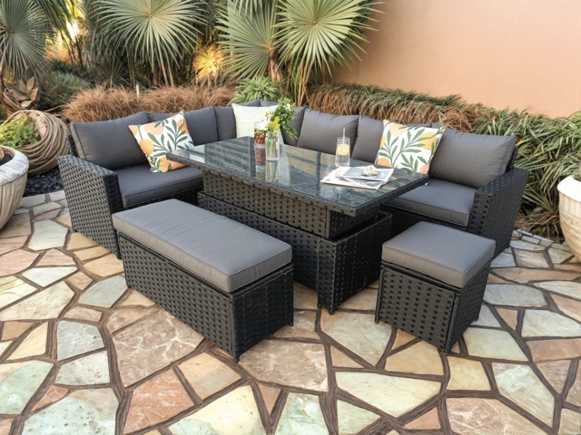 Monaco 9 Seater Rattan Garden Corner Sofa Dining Set with Rising Table, Black / With Rain Cover - image 1