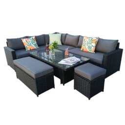 Monaco 9 Seater Rattan Garden Corner Sofa Dining Set with Rising Table, Black / With Rain Cover - thumbnail 3