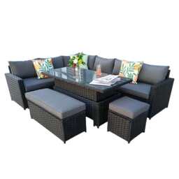 Monaco 9 Seater Rattan Garden Corner Sofa Dining Set with Rising Table, Black / With Rain Cover - thumbnail 2