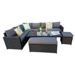 Monaco 9 Seater Rattan Garden Corner Sofa Dining Set with Rising Table, Black / With Rain Cover - thumbnail 8