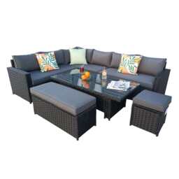 Monaco 9 Seater Rattan Garden Corner Sofa Dining Set with Rising Table, Black / With Rain Cover - thumbnail 7