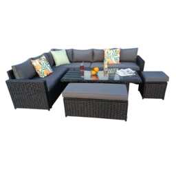 Monaco 9 Seater Rattan Garden Corner Sofa Dining Set with Rising Table, Black / With Rain Cover - thumbnail 6