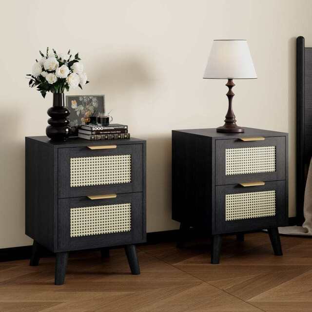 Boho 2 Drawers Rattan Decorated Bedside Storage Cabinet, Two Bedside Table In Black - image 1