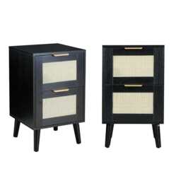 Boho 2 Drawers Rattan Decorated Bedside Storage Cabinet, Two Bedside Table In Black - thumbnail 3