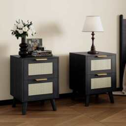 Boho 2 Drawers Rattan Decorated Bedside Storage Cabinet, Two Bedside Table In Black