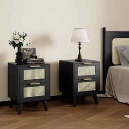 Boho 2 Drawers Rattan Decorated Bedside Storage Cabinet, Two Bedside Table In Black - thumbnail 2