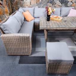 Rosen 9 Seater Rattan Corner Sofa Dining Table With Parasol Hole Set Nature Or Grey, Natural / With Rain Cover - thumbnail 4