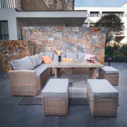 Rosen 9 Seater Rattan Corner Sofa Dining Table With Parasol Hole Set Nature Or Grey, Natural / With Rain Cover - thumbnail 2