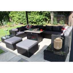 Vancouver 12 Seater Rattan Corner Sofa Patio Set Fire Pit Dining Table Set With Parasol Option, Without Parasol
