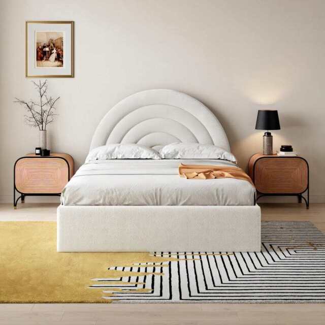 Modern Ottoman Upholstered Lift Up Storage Bed Frame, Double / Beige Boucle