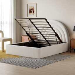 Modern Ottoman Upholstered Lift Up Storage Bed Frame, Double / Beige Boucle - thumbnail 2
