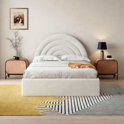 Modern Ottoman Upholstered Lift Up Storage Bed Frame, Double / Beige Boucle - thumbnail 1