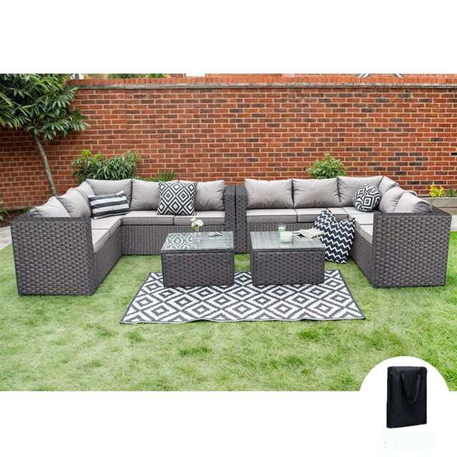 Vancouver 10 Seater Rattan Corner Sofa Patio Set, With Rain Cover / Black - image 1