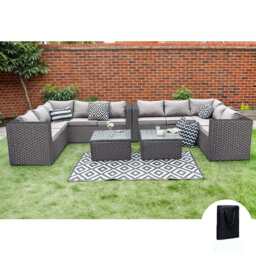 Vancouver 10 Seater Rattan Corner Sofa Patio Set, With Rain Cover / Black - thumbnail 1