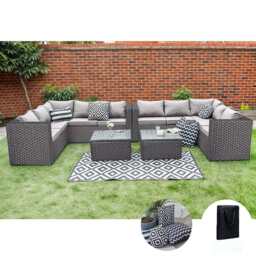 Vancouver 10 Seater Rattan Corner Sofa Patio Set, With Rain Cover / Black - thumbnail 5