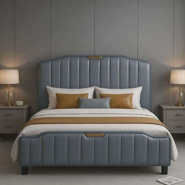 Retro PU Leather Upholstered Bed Frame Double Bed Frame, Pewter Blue - image 1