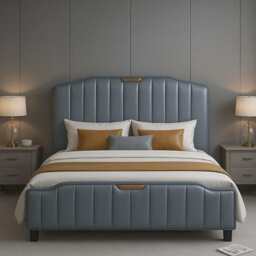 Retro PU Leather Upholstered Bed Frame Double Bed Frame, Pewter Blue - thumbnail 1