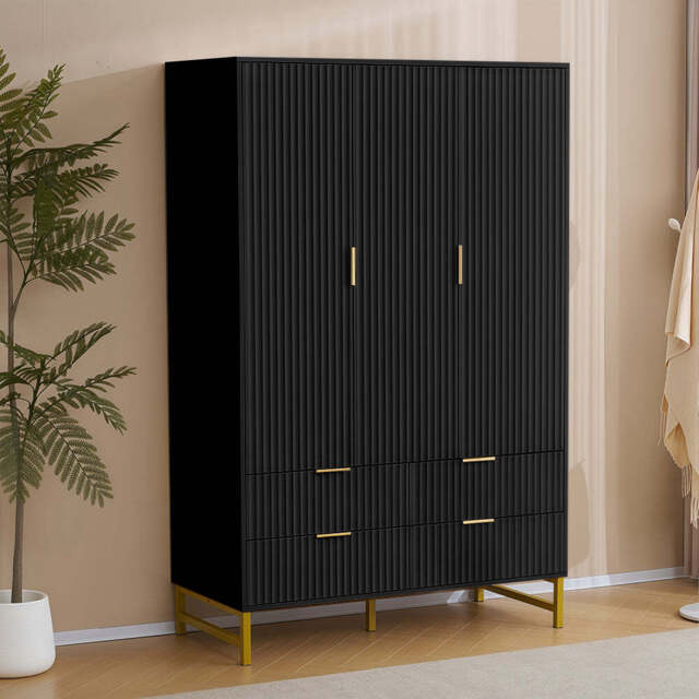 Mercury Ridged 3 Doors 4 Drawers Wardrobe, Black - image 1