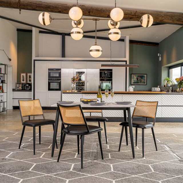 Boho Marbled Effect Dining Table Set With 4 PE Rattan Chairs, Rectangle