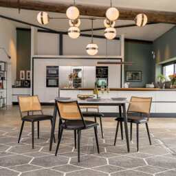 Boho Marbled Effect Dining Table Set With 4 PE Rattan Chairs, Rectangle