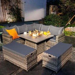 Rosen 9 Seater Fire Pit Rattan Garden Furniture Corner Sofa Cube Set With 2 Benches In Grey, With Storage bench / With Rain Cover