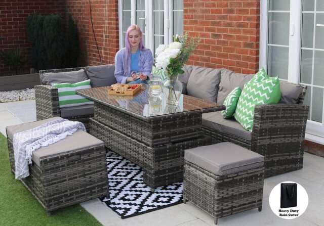 Rosen Rattan Garden Furniture 9 Seater Corner Sofa Rising Table & Storage Bench Sets in Grey, No Scatter Cushion / With Rain Cover