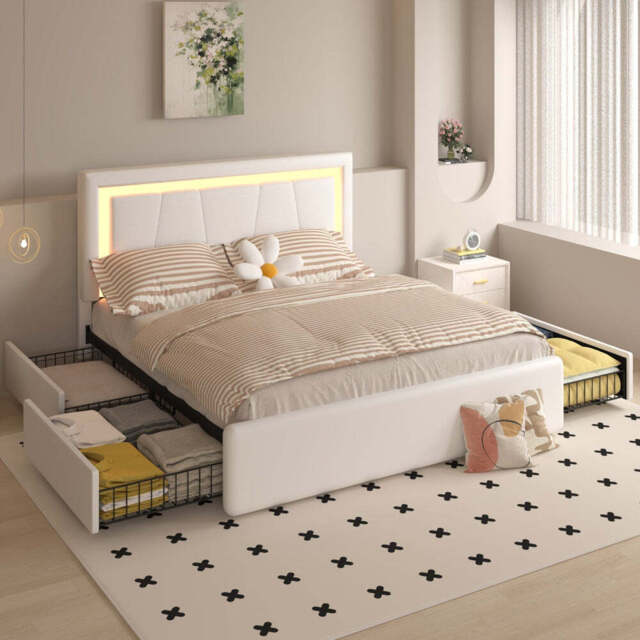 Modern White PU Bed Frame with 4 Drawers Storage and LED Light Head Board and Charging Ports, White / Double Size Frame - image 1