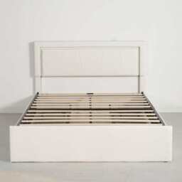 Modern White PU Bed Frame with 4 Drawers Storage and LED Light Head Board and Charging Ports, White / Double Size Frame - thumbnail 6