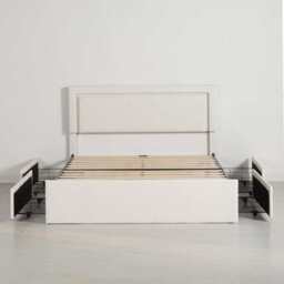Modern White PU Bed Frame with 4 Drawers Storage and LED Light Head Board and Charging Ports, White / Double Size Frame - thumbnail 5