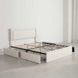 Modern White PU Bed Frame with 4 Drawers Storage and LED Light Head Board and Charging Ports, White / Double Size Frame - thumbnail 8