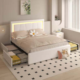 Modern White PU Bed Frame with 4 Drawers Storage and LED Light Head Board and Charging Ports, White / Double Size Frame - thumbnail 1