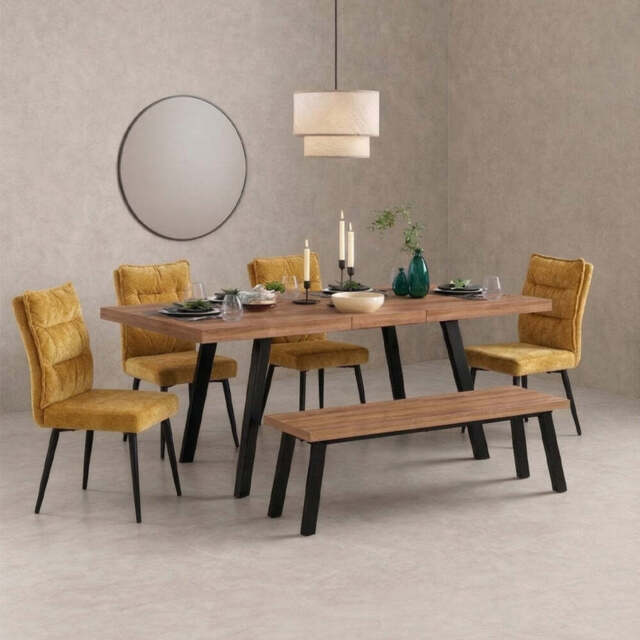 Belluno 160-190cm Extending Dining Table Set With 4 Chairs And Bench, Mustard - image 1