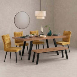 Belluno 160-190cm Extending Dining Table Set With 4 Chairs And Bench, Mustard