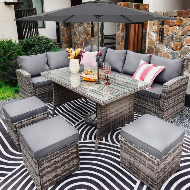Rosen 9 Seater Rattan Garden Furniture Corner Sofa Dining Set In Grey, With Rain Cover and Parasol and base
