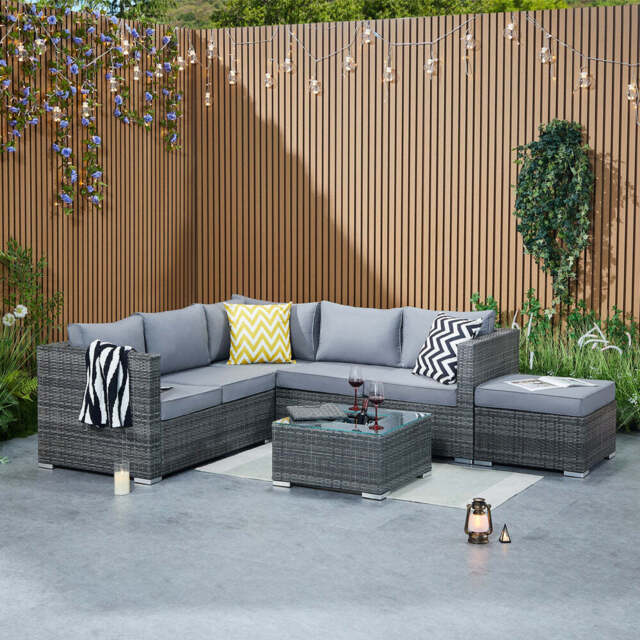 Vancouver Steel Frame 6‑Seater Corner Sofa Set with Ice Bucket Coffee Table, Grey