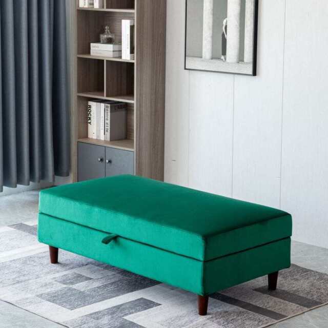 Destin Reversible Green Velvet Corner Sofa With Storage Chaise and Ottoman Bench, Ottoman Only