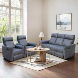 Leathaire Grey Manual Recliner Sofa / Armchair Set, 3 Seater + 2 Armchairs - thumbnail 1