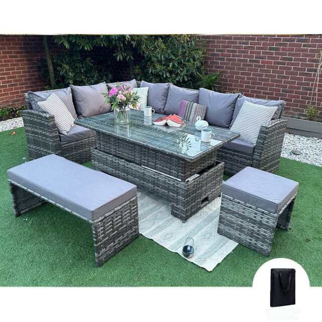 Rosen Rattan Garden Furniture 9 Seater Corner Sofa Rising Table Set With Bench And Stool, With Rain Cover - image 1