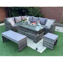 Rosen Rattan Garden Furniture 9 Seater Corner Sofa Rising Table Set With Bench And Stool, With Rain Cover - thumbnail 4