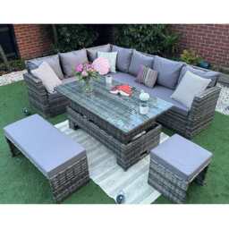 Rosen Rattan Garden Furniture 9 Seater Corner Sofa Rising Table Set With Bench And Stool, With Rain Cover - thumbnail 6